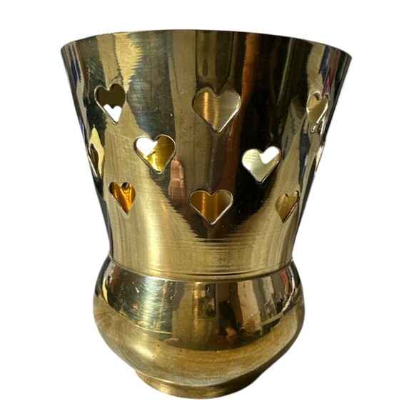 Vintage Solid Brass Votive Candle Holder with Heart Cut Outs Handmade in India - Picture 1 of 3
